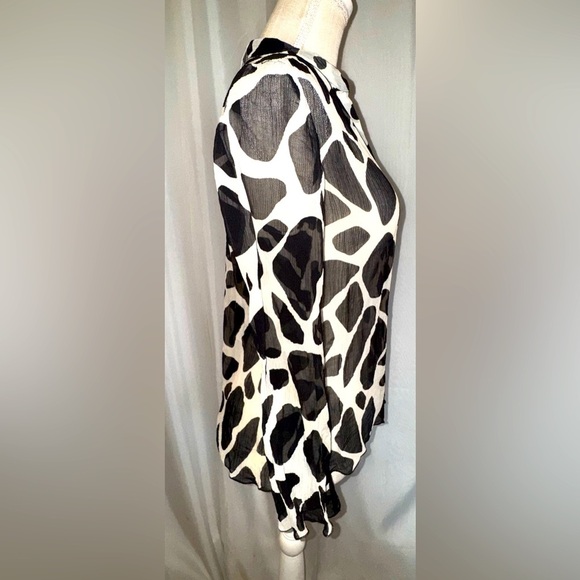 TALBOTS Long Sleeve Sheer Pure Silk Blouse Black & White Top Size 10. GUC - Picture 2 of 7